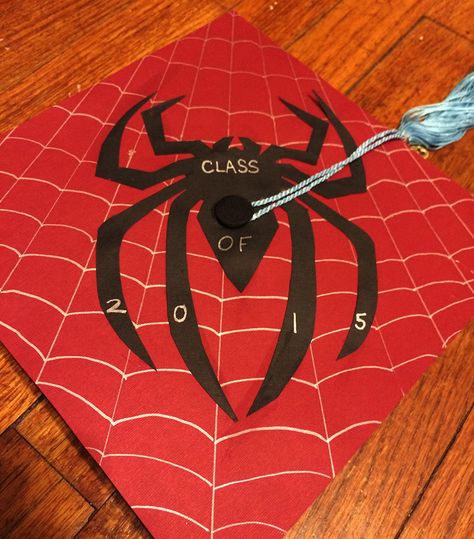 Spiderman graduation cap (University of South Carolina colors) Hot Wheels Graduation Cap, University Cap Decoration, Simple Grad Cap Ideas For Guys, Graduation Caps Ideas For Guys, Superhero Graduation Cap, Spiderman Grad Caps, Graduation Cap Decoration For Guys, Lightning Mcqueen Grad Cap, Dragon Ball Graduation Cap