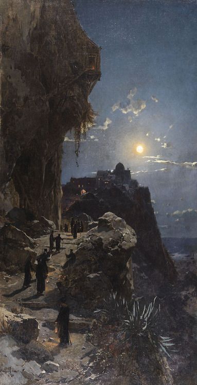 Night on Mount Athos - Hermann Corrodi  1880 Moonlight Painting, Mount Athos, Arte Peculiar, Moonlit Night, Rennaissance Art, Aesthetic Painting, Ethereal Art, Art And Illustration, Classical Art