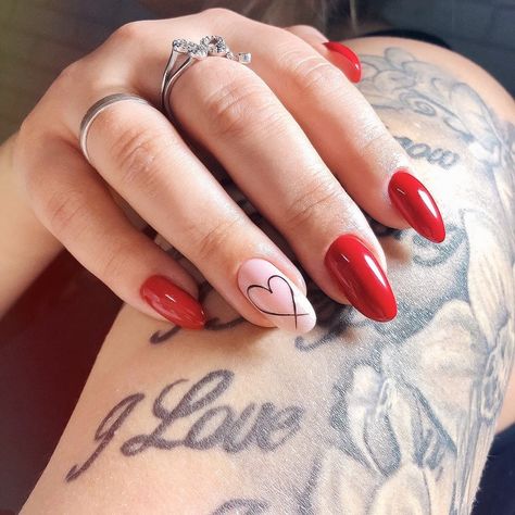 Red Heart Design Nails, Open Heart Nail Design, Valentine’s Day Heart Nails, Red Nails Design Heart, Oval Nails Valentines Day, Cute Simple Valentines Nails Short Almond, Red Nailart Nails, Red Nails With Heart Design, Valentines Day Nails Round