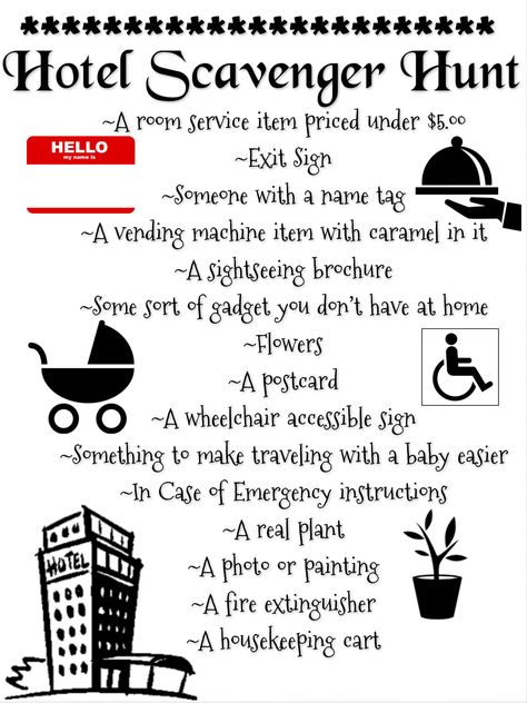 Would be so much fun for teens to do to stay occupied in a hotel! What To Do At A Hotel, Things To Do In A Hotel Room When Bored, Hotel Scavenger Hunt For Kids, Hotel Scavenger Hunt For Teenagers, Fun Things To Do In A Hotel Room, Hotel Games For Kids, Things To Do At A Hotel, Things To Do At A Hotel Sleepover, Things To Do In A Hotel Room