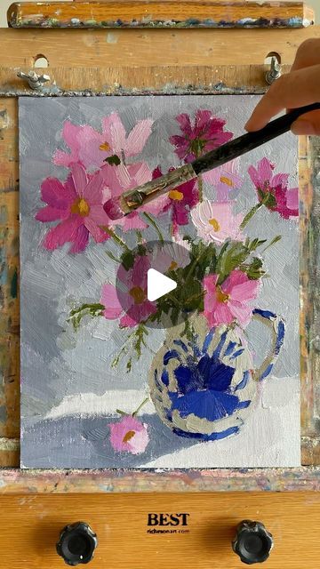 Clare Bowen Art - Plein Air on Instagram: "Cosmos flowers step by step oil painting demo! In a blue & white Portuguese jug. I found these flowers on the side of the road, outside someone’s house being sold for a £1 - a beautiful bargain! Hope you enjoy the vid 🩷💙  Available  9x12” oil on board  * * #oilpainting #allaprima #paintingvideo #paintingvideos #impressionistart #paintingoftheday #oilsketch #artlover #flowerpainting #flowerart #cosmosflower #cosmos #rosemarybrushes @rosemarybrushes  #clarebowenartistflowers" How To Paint Cosmos Flowers, Acrylic Art Tutorials Step By Step, Paintings Of Chairs, Oil Painting Tutorial Step By Step, Oil Painting Flowers Tutorial, Acrylic Painting Tutorials Videos, Acrylic Painting Flowers Tutorials, Simple Oil Painting Ideas, How To Paint Flowers Acrylic Easy