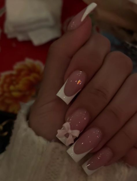 Acrylic Nail Designs Coquette, Medium Basic Nails, Short Acrylic Nails Coquette, Cute Nails Coquette, French Tip Nails With Initials Acrylic, 2024 Nail Inspo Square, Short Square Nail Inspo 2024, French Tip Acrylic Nails With Gems, Coquette Nails Square