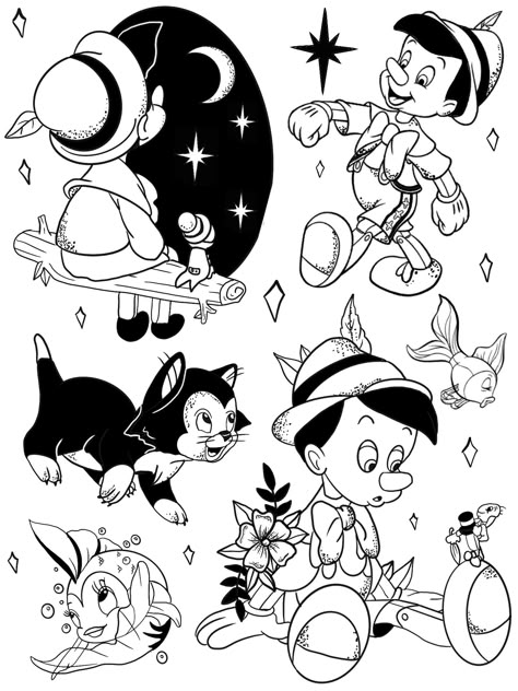 Tattoo Stencils Disney, Pinocchio Art Illustration, Disney Flash Art, Disney Tattoo Flash Sheet, Disney Flash Sheet, Pinocchio Tattoo Ideas, Disney Black And White Tattoo, Disney Tattoo Stencils, Disney Tattoo Drawings