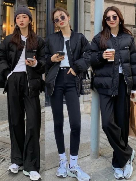 Black Trousers Outfit Korean, Autumn Outfits In Korea Women, Winter Fashion Outfits Korean, Korean Cold Outfits, Cropped Puffer Jacket Outfit, Western Winter Fashion, Women Puffer Jacket, 2023 Winter Fashion, Winter Fashion For Women