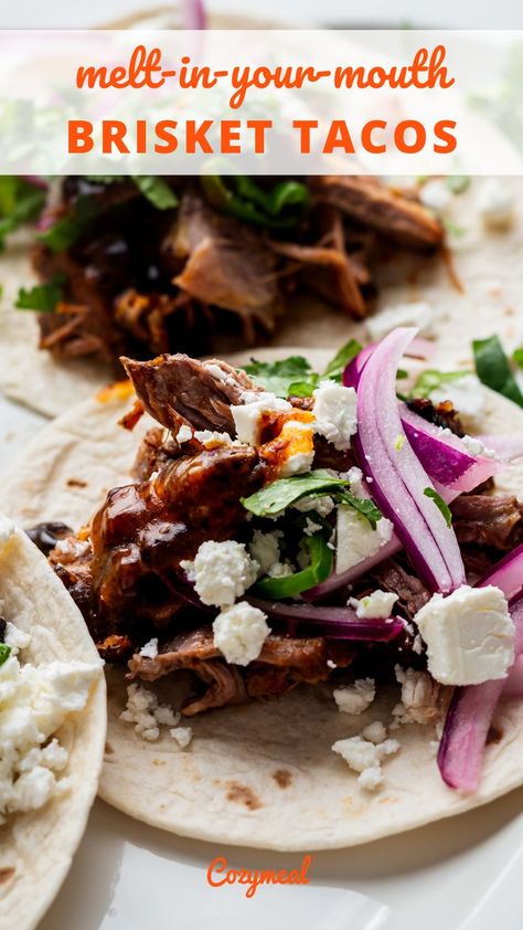 These brisket tacos are a delicious option for a different taco Tuesday. Perfectly tender and juicy brisket is simply paired with onions, cilantro and jalapeños for a meal that your loved ones will enjoy. Recipes With Brisket, Brisket Tacos Sauce, Bbq Brisket Tacos, Brisket Street Tacos Recipe, Smoked Brisket Tacos, Brisket Tacos Toppings, Slow Cooker Beef Brisket Tacos, Braised Brisket Tacos, Oven Baked Brisket