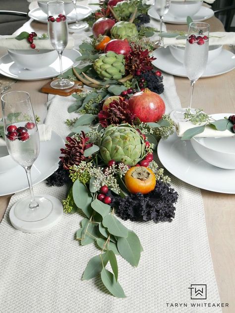 Thanksgiving Tablescape Featuring Cranberries - Create this gorgeous nature inspired fall table using items from the produce section! Your guests will want to eat right from it :) Thanksgiving Dining Table, Tablescapes Autumn, Thanksgiving Dining, Cranberry Thanksgiving, Fruit Centerpieces, Thanksgiving Tablescape, Tafel Decor, Fall Table Settings, Thanksgiving Table Settings