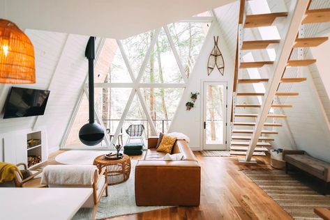 Dunlap Hollow A-Frame - Cabins for Rent in Rockbridge, Ohio, United States - Airbnb A-frame Interior, Frame Cabins, Suspended Fireplace, A Frame Cabins, Frame House, Cama Queen, A Frame Cabin, Queen Bedroom, King Bedroom