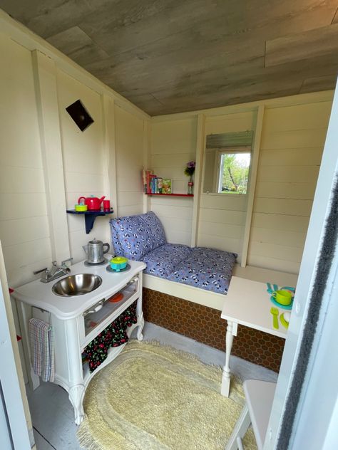 Outhouse turned playhouse for my 4 little grandchildren at our Blue Cottage in Door County. Playhouse Interior Ideas, Cottage Playhouse, Playhouse Interior, Shed Playhouse, Play Area Backyard, Backyard Playhouse, Wendy House, Blue Cottage, Playground Design