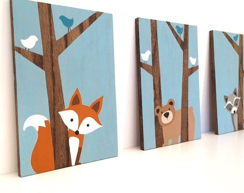 Forest Friends Nursery, Forest Nursery Art, Woodland Creatures Nursery, Nursery Wood Sign, Fox Nursery Art, Woodland Nursery Art, Nursery Art Set, Fox Nursery, Art Fox