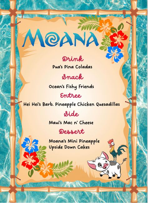 Disney Diner And Movie, Moana Themed Movie Night, Moana Dinner Ideas, Disney Themed Potluck, Disney Food Movie Night, Movie Night Disney Theme, Disney Themed Dinners For Kids, Moana Movie Night Food, Moana Dinner And A Movie