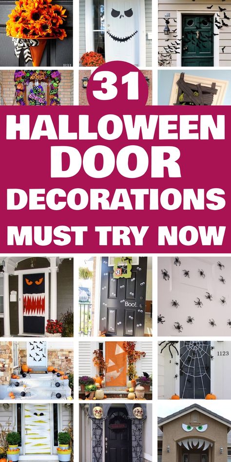 31 Halloween door decoration ideas featuring spooky, fun, and creative designs. Apartment Door Halloween Decor, Halloween Door Decorating Ideas, Door Decorations For Halloween, Halloween Door Contest Ideas, Halloween Door Decorations Contest, Front Door Halloween Decorations, Door Halloween Decor, Halloween Door Decorations Classroom, Halloween Doors