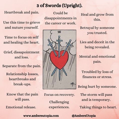3 of Swords in upright position. These are the meanings are this tarot card from the suit of swords.

#tarot #threeofswords #3ofswords 3 Swords Tarot Meaning, 3 Of Swords Tarot Meaning Reversed, 3 Of Swords Tarot Card, Tarot Card Three Of Swords, Tarot Cards 3 Of Swords, Three Of Swords Reversed, Three Of Hearts Tarot, 3 Of Swords Tarot, Tarot Three Of Swords