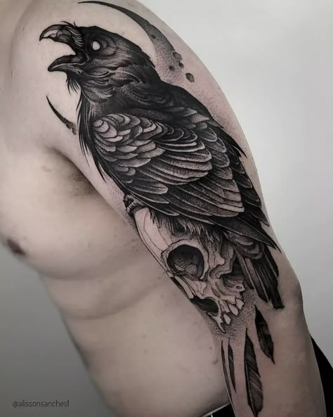 Crow Sleeve Tattoo For Men, Blackwork Raven Tattoo, Blackwork Crow Tattoo, Skull Crow Tattoo, Raven Tattoo Ideas For Men, Crow And Skull Tattoo, Raven And Skull Tattoo, Crow Skull Tattoo, Moving Tattoo Ideas