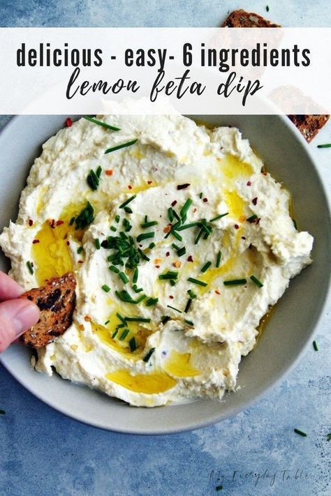 Make a delicious, whipped lemon feta dip with this recipe that is ready in just 10 minutes and needs only 6 ingredients! Serve this feta cheese dip with pita chips and veggies for a party, celebration, or as an appetizer for dinner. This feta dip is sure to be a hit with your family and friends! Dinner Feta Recipes, Herbed Feta Dip, Appetizer Cheese Board, Spinach And Feta Dip, Lemony Whipped Feta, Hot Feta Dip With Marinated Olives, Greek Appetizers For Party, Feta Veggie Dip, Feta Recipes Appetizers