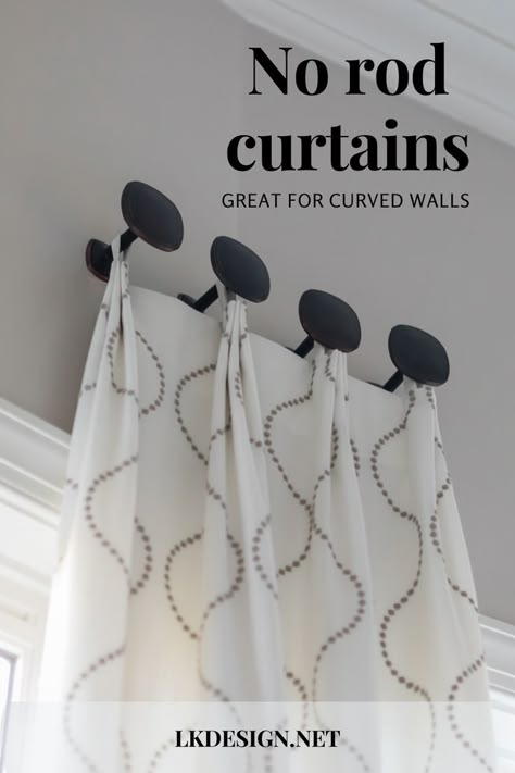 white patterned curtain black medallions no rod grey walls Curtains For Bay Window In Living Room Drapery Decorating Ideas, Small Curtain Rods Ideas, Window Treatments Bay Window Living Room, Curtain Ideas For Three Windows In A Row, Curtain Ideas For Arched Windows, Curtains Bay Window Kitchen, Bay Window Drapery Ideas, Bay Window Curtain Rods, Long Curtains Bay Window