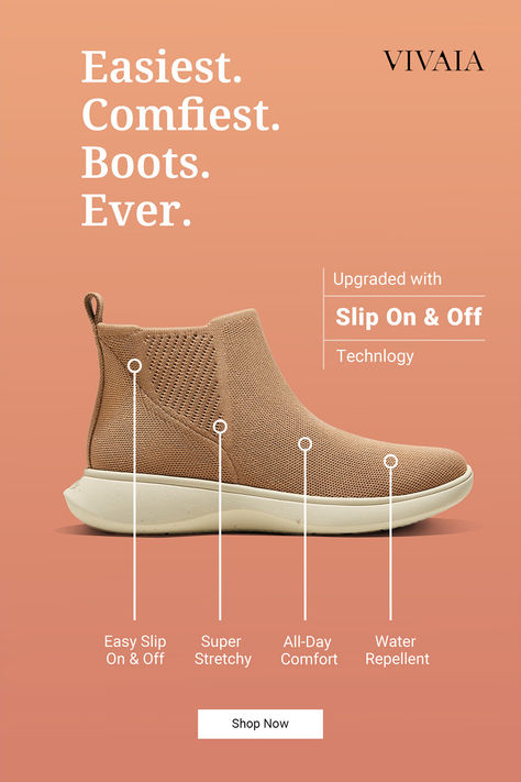 With a slip-on design, VIVAIA Urban Boots let you skip the fuss and get out the door in seconds.✅Wider and Lighter 25% larger toe box✅Durable Outsole Support your feet can handle a full day of standing and walking without getting tired✅Water Repellent✅Machine Washable✅Free Shipping & Returns #sandals #mules #sneakers #loafers #boots #heels #flats #shoes #womensfashion #womensshoes #fashion #outfits #ootd #sustainable #archsupport #ecofriendly #bunions #travel #winter #autumn #summer #spring Vivaia Boots, Loafers Boots, Travel Winter, Boots Heels, Flats Shoes, Perfect Shoes, Shoe Store, Autumn Summer, On Off