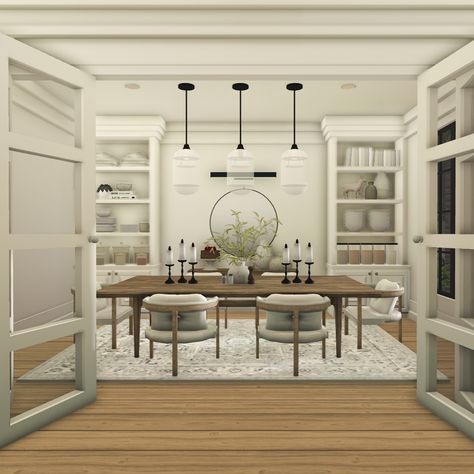 Instagram Realistic Bloxburg Nursery, Bloxburg Dinning Rooms Realistic, Dining Room Inspo Bloxburg, Dining Room Decor Bloxburg, Bloxburg Suburban Interior, Dining Bloxburg, Bloxburg Dining Table Ideas, Costal Dining Rooms Bloxburg, French Roses Bloxburg