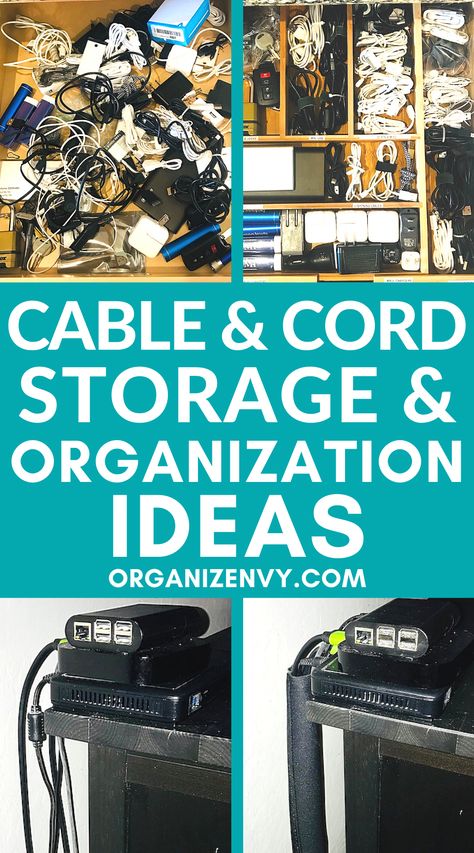 Clean up those unruly cables and cords with these easy cable storage tips and hacks! #cableorganization Organizing Cables And Cords, Diy Cord Storage Ideas, Cord Organization Desk, Organize Electronic Cords, Cord Organization Storage, Cord Cable Organizer, Electrical Wire Storage Cable Organizer, Organising Cables And Chargers, Electronics Organization Storage