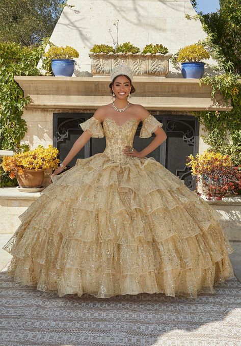 Jeweled and Embroidered Tiered Quinceañera Dress Quinceanera Dresses Damas, Quinceanera Dresses Gold, Damas Dresses, Tulle Balls, Graceful Movement, Sparkle Skirt, Dresses Quinceanera, Baptism Dress, Tulle Ball Gown