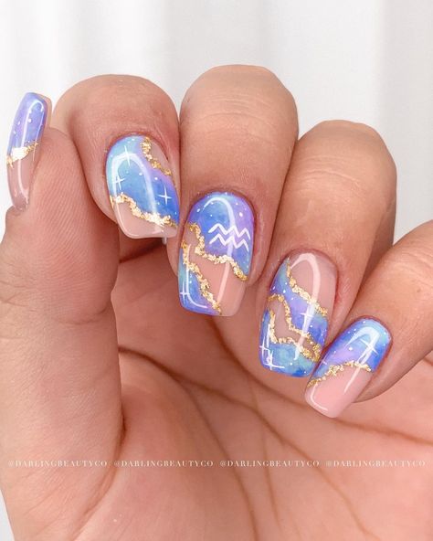 Aquarius Nail Designs, Zodiac Nail Art, Aquarius Nails, Nail Art Gold, Sky Blue Nails, Art Gold Leaf, Aquarius Season, Cute Simple Nails, Blue Flame