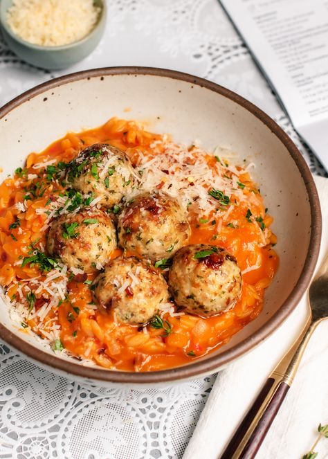 Chicken Meatballs with Roasted Tomato and Pepper Orzo — saltnpepperhere