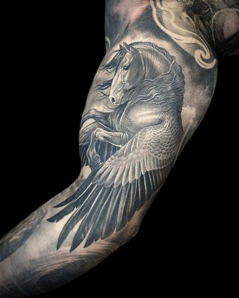 Inner Bicep Tattoo Ideas, Bicep Tattoo Ideas, Pegasus Tattoo, Bicep Tattoos, Inside Of Arm Tattoo, Bicep Tattoo Men, Horse Tattoo Design, Inner Arm Tattoos, Inner Bicep Tattoo