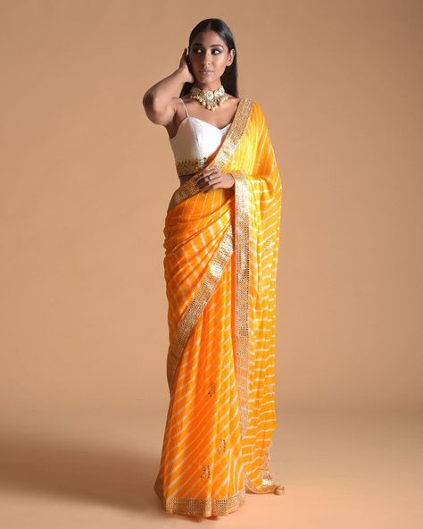 Yellow Leheriya Saree, Laheriya Saree, Lehariya Print, Leheriya Saree, Haldi Outfits, Saree Ideas, Indian Women Fashion, Kalki Fashion, Gotta Patti