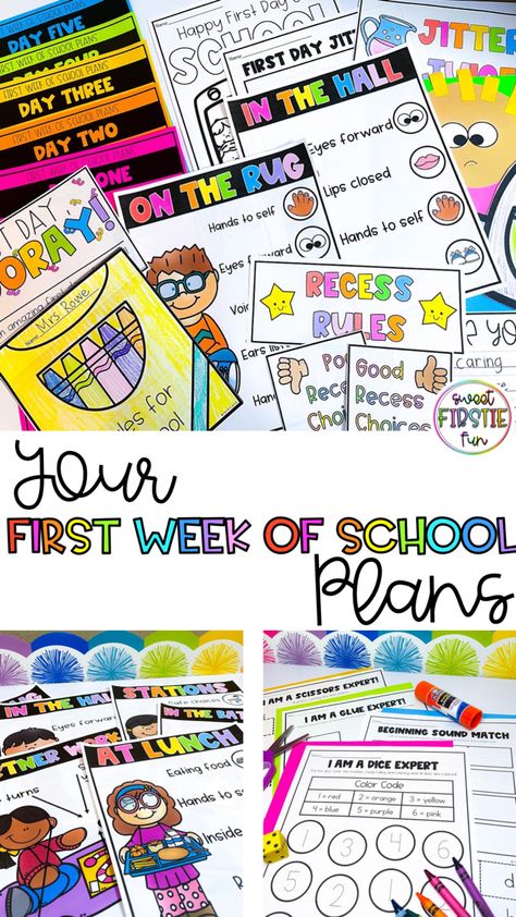 Back to school made easy! Use this first week of school plans resource to plan your entire first week of first grade or kindergarten! Back To School Grade 1 Activities, Tk First Day Of School Activities, Creative Kindergarten Classroom Ideas, First Week Of School Lesson Plans 1st Grade, 1st Grade First Day Of School Activities, First Week In Kindergarten, First Week First Grade Activities, Beginning Of School Year Activities Kindergarten, 1st Day Of School 1st Grade