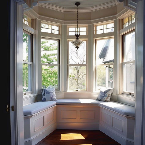 14 Glorious Bay Window Ideas French Country Bay Window, Bay Window Curtains With Bench, Bay Window Addition, Bay Window Landscaping, Bay Window Aesthetic, Bay Window Seat Ideas, Bay Window Inspiration, Victorian Bay Window, Large Bedroom Layout