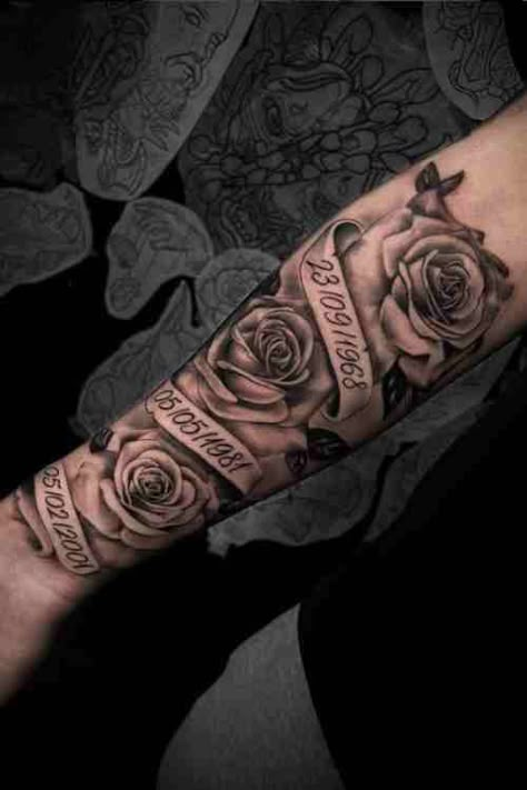 Roses is usually promoted as romantic flower, that represents love. A rose forearm tattoo can be done in different styles, from super dense to scattered around roses on your arm. Every rose can be dedicated to a different loved one or event to give it extra meaning! Men’s Rose Tattoo Sleeves, Sleeve Tattoos Roses Men, Family Rose Tattoo For Men, Rose Tattoo Men Bicep, Forearm Tattoos Names, Family Sleeve Tattoo For Men Ideas, Birthday Tattoo Ideas Men, Forearm Tattoo Men Rose, Forearm Memorial Tattoos For Men