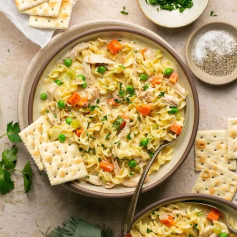 Easy Healthy Macro-Friendly Recipes | Lauren Fit Foodie Healthy One Dish Meals, Macro Friendly Soup, Chicken Noodle Soup With Rotisserie, Soup With Rotisserie Chicken, Lauren Fit Foodie, Rotisserie Chicken Soup, Creamy Chicken Noodle, Creamy Chicken Noodle Soup, Chicken Gnocchi