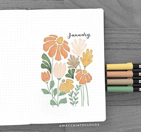 May Bujo Spread, Journal Month Page May, January Bujo Ideas, Bujo Month Cover, Bujo Flower Theme, Flower Bullet Journal Theme, January Bujo Cover, Bujo Cover Page Ideas, Bujo Flowers