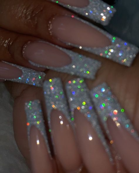 All Over Glitter Nails, Good Acrylic Nails, Long Glitter Acrylic Nails, Silver Homecoming Nails, Glitter Tips Acrylic Nails, Cute Grey Nails, Dark Nails Acrylic, All Glitter Nails, Nails W Glitter