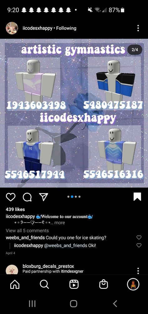 Creds to iicodesxhappy on instagram Gymnastics Roblox Code, Leotard Codes Bloxburg, Gymnastics Codes For Bloxburg, Gymnastics Outfit Codes Bloxburg, Gymnastics Bloxburg Codes, Gymnastics Outfit Codes Berry Ave, Ballet Codes Bloxburg, Berry Avenue Codes Clothes Gymnastics, Bloxburg Figure Skating Outfit Codes