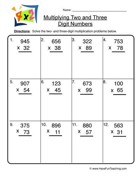 2 Digit and 3 Digit Multiplication Worksheet Printable

Help your child practice their multiplication skills with this printable worksheet. It includes a variety of problems, from basic two-digit multiplication to more challenging three-digit multiplication. #multiplication #worksheet #math 3 Digit Multiplication Worksheets, Multiplication Practice Worksheets, 2 Digit Multiplication, Two Digit Multiplication, Double Digit Multiplication, Free Multiplication Worksheets, Multiplication Worksheet, Multiplication Problems, Three Digit Numbers