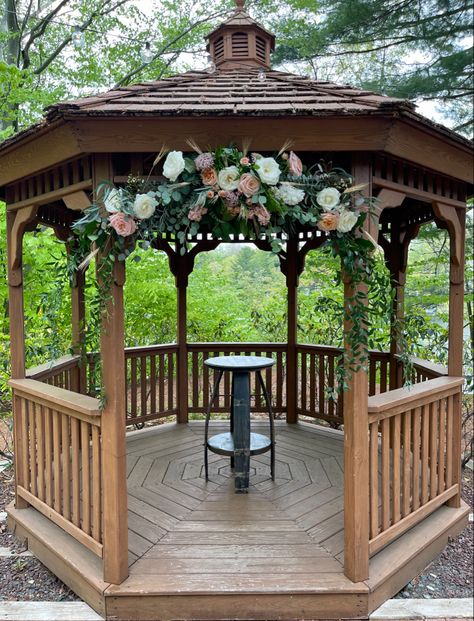 Blush ceremony gazebo flower arrangement #wedding Flower Gazebo Wedding, Gazebo Arch Wedding, Backyard Gazebo Wedding, Gazebo Decorations For Wedding, Gazebo Floral Wedding, Wedding Gazebo Decor, Gazebo Flowers, Gazebo Flowers Wedding, Gazebo Decorating Ideas Wedding