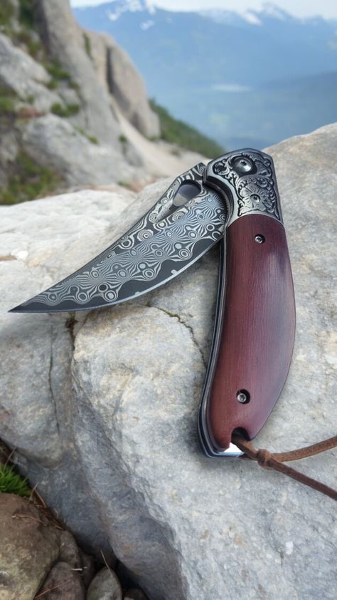 Damascus Steel Pocket Knife With Rosewood Handle. Damascus Knives, Damascus Knife, Damascus Steel, Damascus, Pocket Knife