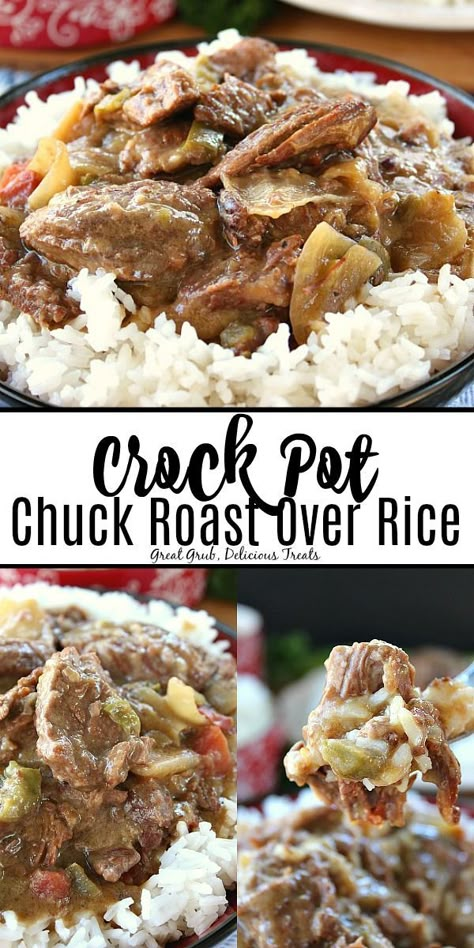 Crock Pot Chuck Roast Over Rice is a delicious chuck roast seasoned perfectly and cooked until tender served over a bed of rice. #crockpot #chuckroast #dinner #beeffoodrecipes #greatgrubdelicioustreats Roast Over Rice, Crockpot Rice Recipes, Rice Crockpot, Chuck Roast Crock Pot Recipes, Crock Pot Chuck Roast, Crockpot Pot Roast, Crockpot Roast Recipes, Pot Roast Crock Pot Recipes, Chuck Roast Recipes