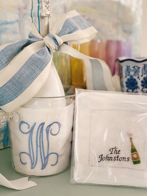 These custom embroidered linen cocktail napkins personalized with a monogram are the perfect Christmas gift, hostess gift, engagement gift, wedding gift, housewarming gift, birthday gift or an excuse to spurge on yourself. These beautiful white linen cocktail napkins are made of 100% linen cloth with a decorative hemstitch border. Each one of the embroidered linen cocktail napkins is stitched in Atlanta, GA in 1 of 40+ different colors of high-quality embroidery thread designed to never bleed or fade from washing. Dimensions for each linen cocktail napkin are 6 inches by 6 inches. Available in a set of 4. I do bulk orders too! Send me a message for bulk pricing on orders. More designs and fonts available! Wedding Date Gifts, Monogram Gift Ideas, Embroidery Wedding Gifts, Wedding Hostess Gifts, White Linen Cocktail, Embroidered Cocktail Napkins, Monogram Cocktail Napkins, Bridesmaid Luncheon, Linen Cocktail Napkins