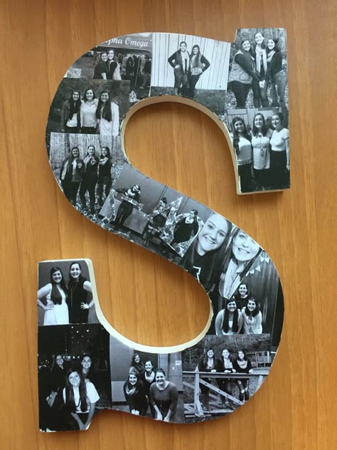 Photo collage wooden letter I made for my big! Diy Picture Letters Photo Collages, Wooden Letter Picture Collage, Big Present Ideas, Letter Decor Ideas, Wooden Letter Decoration Ideas, Cute Gift Ideas For Girlfriend, Diy Initial Letters, Letter Picture Collages, Letter Photo Collage