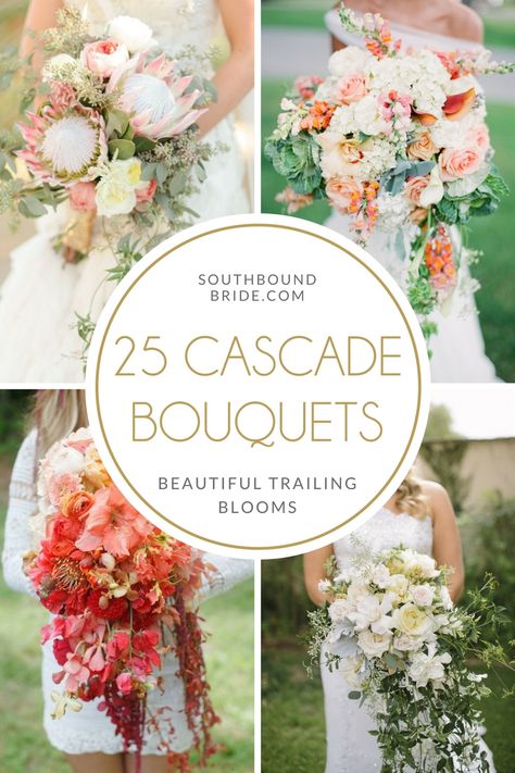 25 Gorgeous Cascade Wedding Bouquets | SouthBound Bride Trailing Wedding Bouquet Brides, Cascading Wedding Bouquets Colorful, Large Cascading Wedding Bouquets, How To Make A Boho Bridal Bouquet, Fall Cascade Wedding Bouquet, Wedding Flowers Cascading, Trailing Bouquet Wedding, Wedding Bouquets Bride Cascade, Cascading Wildflower Bouquet