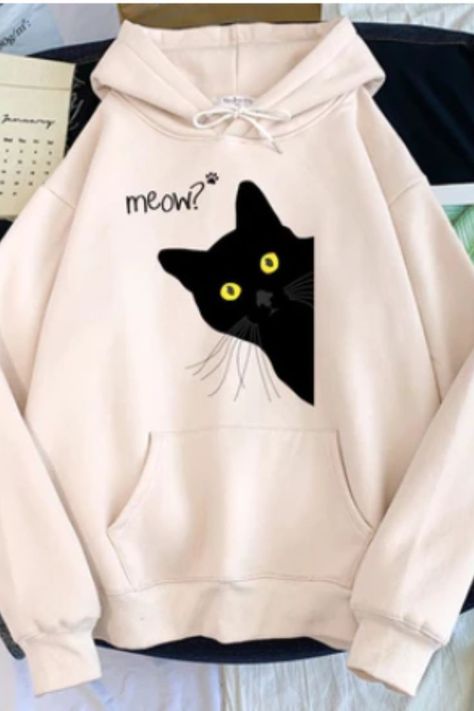 Black Cat Personality, Leona League Of Legends, Girls Winter Fashion, Hoodie Cartoon, Printed Hoodies Sweatshirts, Black Cat Print, Stylish Hoodies, Cat Hoodie, Winter Sweatshirt