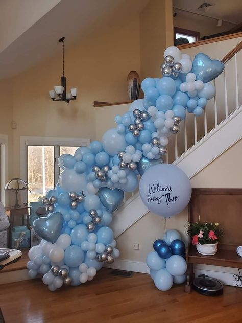 Stairway Balloon Decoration, Balloon Garland For Staircase, Stairs Balloon Garland, Stair Rail Balloon Garland, Stair Case Balloon Decor, Ocean Baby Shower Theme, Ocean Baby Showers, Pastel Birthday, Welcome Home Baby