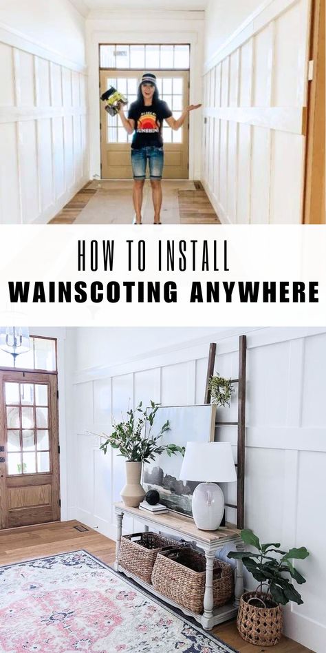 Want to elevate your home's entryway with a touch of sophistication? Look no further! Learn how to install eye-catching wainscotting with our easy-to-follow tutorial. From choosing the perfect wall trim to adding a final touch, our comprehensive guide has you covered. Don't wait – check out my tutorial on the blog now and start creating your dream entryway! Hallway Ideas Farmhouse, Diy Wainscoting Entryway, Wainscoting Hallway Ideas, Foyer Wainscoting Entryway, Entryway Paneling, Wainscoting Ideas Entryway, Entryway Wall Ideas, Dream Entryway, Wainscoting Entryway