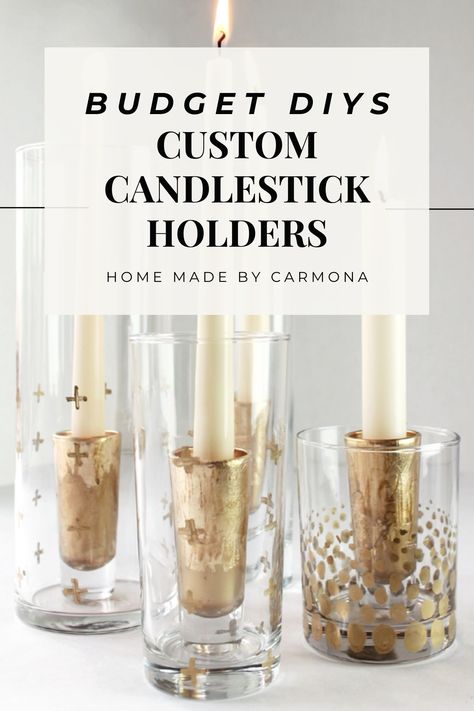 Learn how to make your own custom candle holders from cheap shot glasses and decorate them to match your home decor | Home Made by Carmona #candleholders #budgetdecor Shot Glass Candles, Custom Candle, Gold Candle Holders, Glass Diy, Diy Candle Holders, Diy Candle, Pinterest Home, Organizing Ideas, Glass Candle Holders