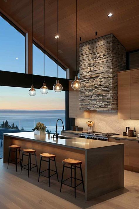 30 Kitchen Design Ideas Blending Rustic and Modern Aesthetics (Concept Interiors) Kitchen With Water View, Modern Nature Interior Design, Big Houses Interior Kitchens, Mediterranean House Kitchen, White House Interior Modern, Modern Beach Kitchen, European Kitchen Design Modern, Beach Kitchen Design, Kitchen Ideas Big