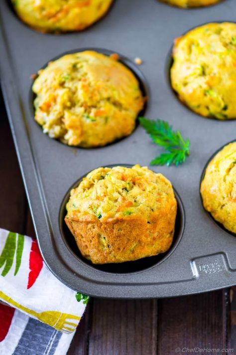 Zucchini Carrot Muffins Recipe | ChefDeHome.com Savoury Carrot Muffins, Zucchini Savoury Muffins, Healthy Dinosaur Snacks, Apple Zucchini Muffins, Carrot Muffins Easy, Carrot Muffins Recipe, Savoury Muffin, Blw Ideas, Carrot Zucchini Muffins