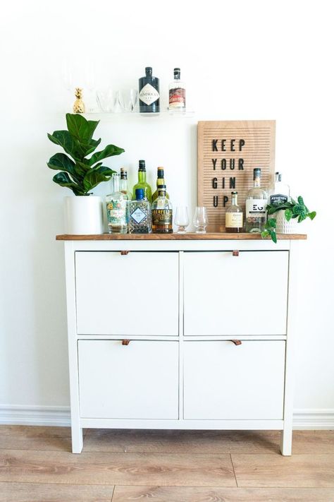 Ikea Shoe Cabinet, Turned Bar Cart! » Lavender Julep #ikeahack Bar Cabinet For Living Room, Small Bar Cabinet Ideas For Home, Cute Bar Cabinet, Bar Cart With Cabinet, Ikea Drinks Cabinet, Ikea Mini Bar, Small Bar Cabinet Ideas, Small Cabinet Decor, Bar Carts Ideas Decor