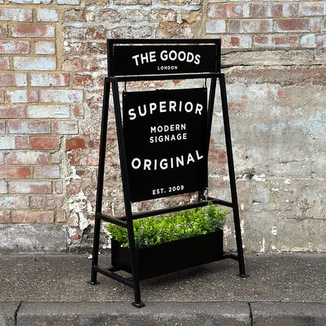 A Frame Sign, London Sign, A Frame Signs, Frame Sign, Bars And Restaurants, White Planters, Vinyl Graphics, Metal Panels, Black Metal Frame