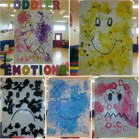 Preschool Emotions theme: toddlers used different art tools to paint and decorate large poster sized emotion faces! We associated each different emotion with a different color...except we went a little silly with silly :) kids had fun and they created these posters during free art! We just let them have at it! Emotions Ideas For Preschool, I Have Feelings Activities For Infants, Emotion Activities For Infants, Emotions Art Activities Preschool, Emotions Theme Preschool Art, Emotions Crafts For Infants, Feelings And Emotions Art For Toddlers, Feelings Toddler Crafts, Feelings Unit Preschool